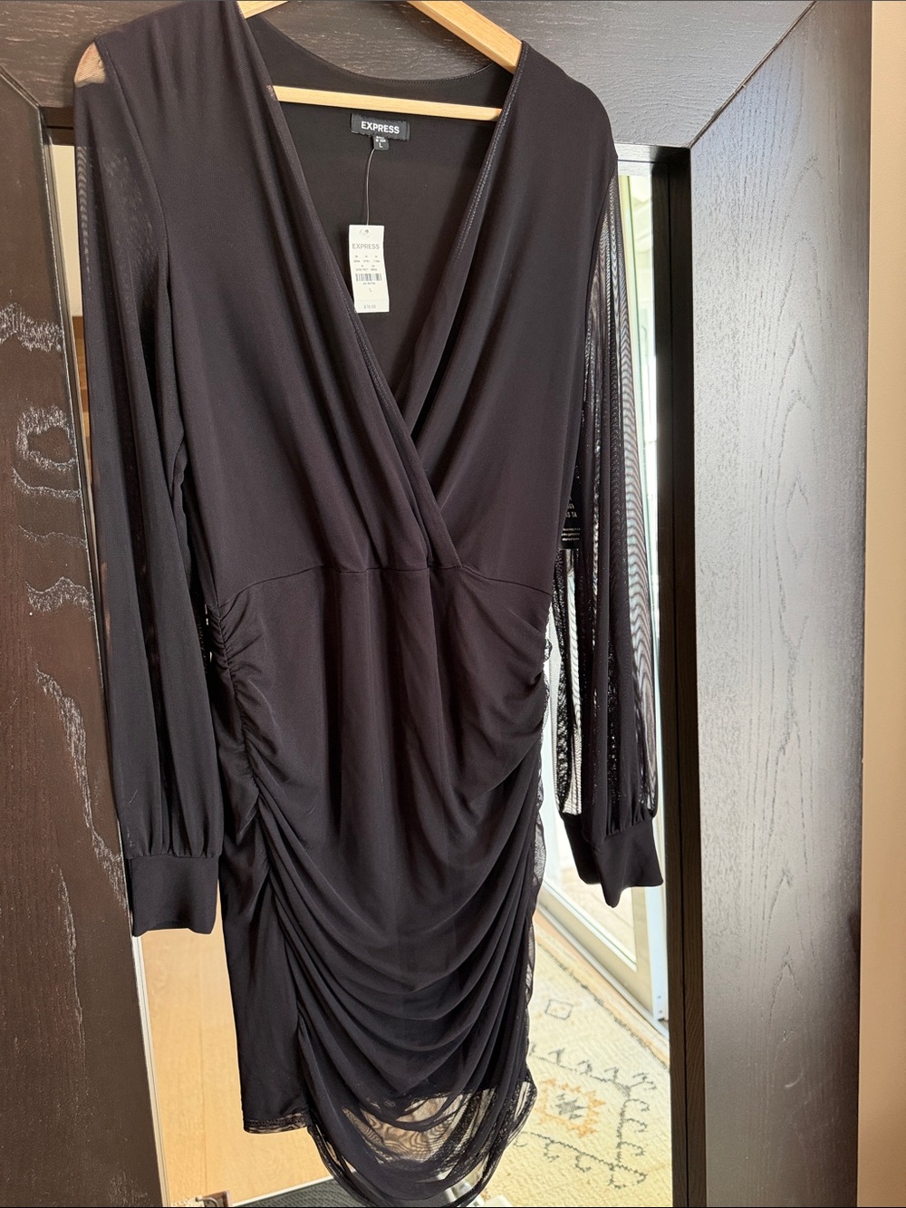 Express Black Long-Sleeve Ruched Wrap Dress